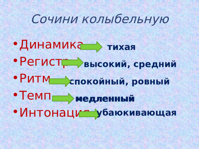 Сочини колыбельную Динамика Регистр Ритм Темп Интонация тихая высокий, средний спокойный, ровный медленный медленный убаюкивающая 
