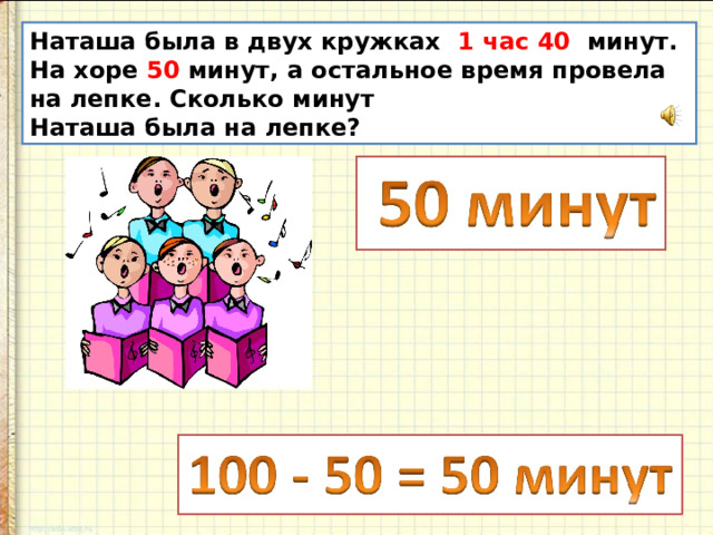 Наташа была в двух кружках 1 час 40 минут. На хоре 50 минут, а остальное время провела на лепке. Сколько минут Наташа была на лепке? 