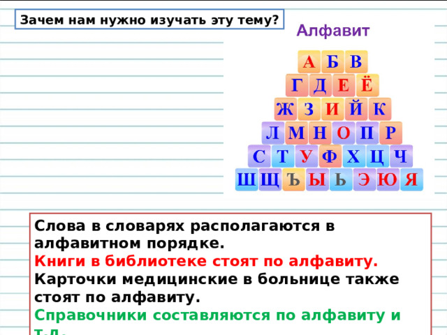 Зачем нам нужно изучать эту тему? Слова в словарях располагаются в алфавитном порядке. Книги в библиотеке стоят по алфавиту. Карточки медицинские в больнице также стоят по алфавиту. Справочники составляются по алфавиту и т.д. 