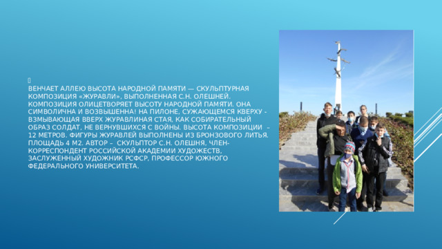 Венчает Аллею Высота Народной Памяти — скульптурная композиция «Журавли», выполненная С.Н. Олешней.  Композиция олицетворяет высоту народной памяти. Она символична и возвышенна! На пилоне, сужающемся кверху - взмывающая вверх журавлиная стая, как собирательный образ солдат, не вернувшихся с войны. Высота композиции – 12 метров. Фигуры журавлей выполнены из бронзового литья. Площадь 4 м2. Автор – скульптор С.Н. Олешня, член-корреспондент Российской Академии художеств, Заслуженный художник РСФСР, профессор Южного Федерального университета. 
