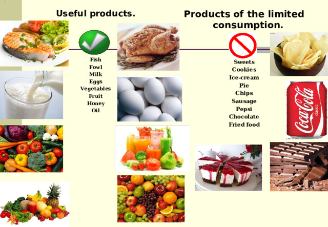 Useful products.    Fish Fowl Milk Eggs Vegetables Fruit Honey Oil Products of the limited consumption.   Sweets Cookies Ice-cream Pie Chips Sausage Pepsi Chocolate Fried food 