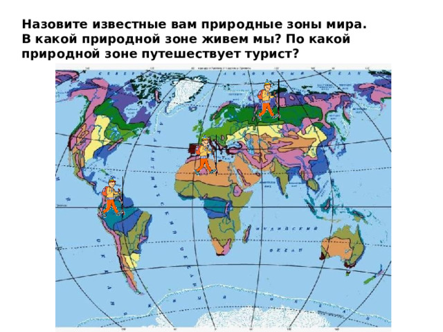 Назовите известные вам природные зоны мира. В какой природной зоне живем мы? По какой природной зоне путешествует турист? Задания на закрепление умения работать с картой «Природных зон»  