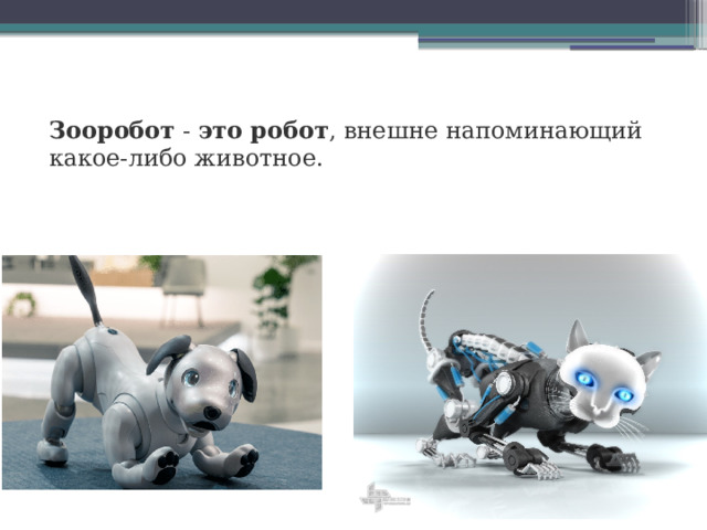 Зооробот  -  это   робот , внешне напоминающий какое-либо животное. 