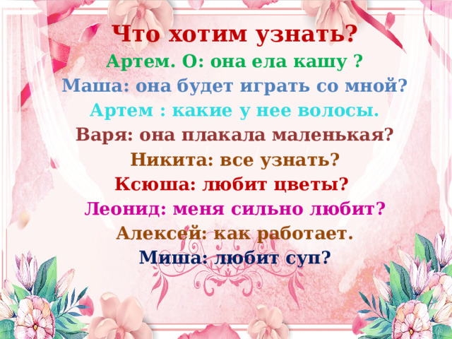 Что хотим узнать? Артем. О: она ела кашу ? Маша: она будет играть со мной? Артем : какие у нее волосы. Варя: она плакала маленькая? Никита: все узнать? Ксюша: любит цветы? Леонид: меня сильно любит? Алексей: как работает. Миша: любит суп?  