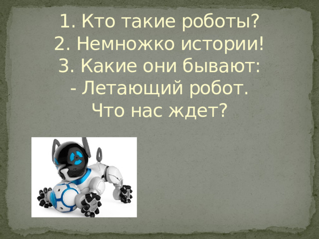 1. Кто такие роботы?  2. Немножко истории!  3. Какие они бывают:  - Летающий робот.  Что нас ждет? 