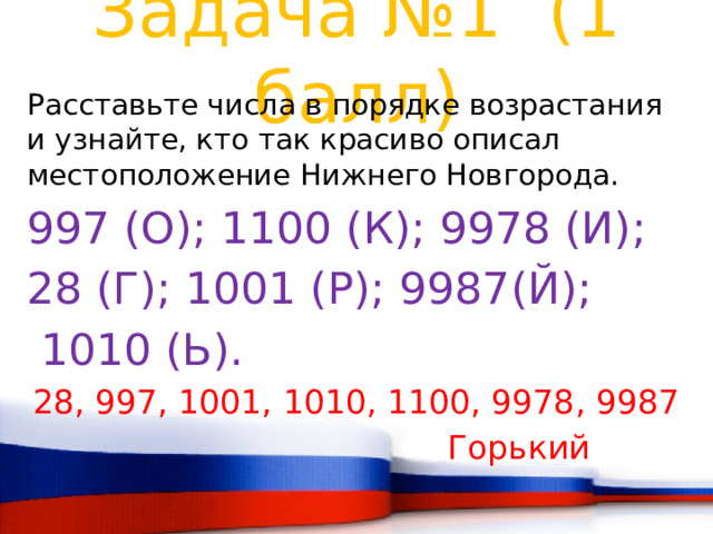 Задача №1 (1 балл) Расставьте числа в порядке возрастания и узнайте, кто так красиво описал местоположение Нижнего Новгорода. 997 (О); 1100 (К); 9978 (И); 28 (Г); 1001 (Р); 9987(Й);  1010 (Ь). 28, 997, 1001, 1010, 1100, 9978, 9987  Горький 
