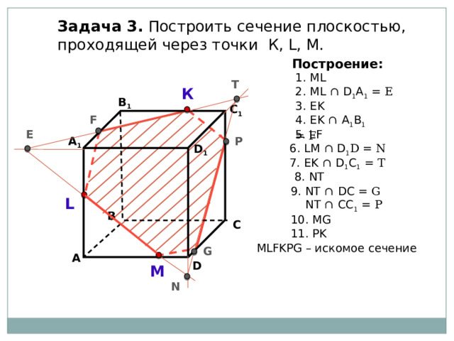 Задача 3. Построить сечение плоскостью, проходящей через точки К, L, М. Построение: 1. ML T К 2. ML ∩  D 1 А 1 = E В 1 3. EK C 1 F 4. EK ∩  А 1 B 1 = F 5. LF E P А 1 6. LM ∩ D 1 D = N D 1 7. ЕK ∩  D 1 C 1 = T 8. NT 9. NT ∩  DC = G  NT ∩  CC 1 = P L В 10. MG С 11. PK МLFKPG – искомое сечение G А D М N 
