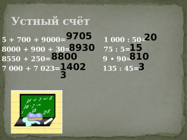 Устный счёт 9705 20 5 + 700 + 9000= 1 000 : 50= 8000 + 900 + 30= 75 : 5= 8550 + 250= 9 • 90= 7 000 + 7 023= 135 : 45= 8930 15 8800 810 14023 3 