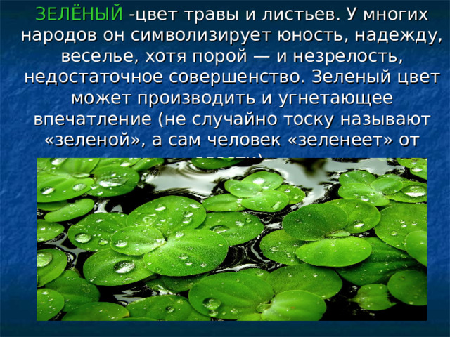 ЗЕЛЁНЫЙ -цвет травы и листьев. У многих народов он символизирует юность, надежду, веселье, хотя порой — и незрелость, недостаточное совершенство. Зеленый цвет может производить и угнетающее впечатление (не случайно тоску называют «зеленой», а сам человек «зеленеет» от злости). 