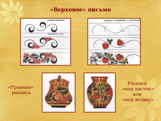 «Верховое» письмо Роспись «под листок» или «под ягодку» «Травная»  роспись 
