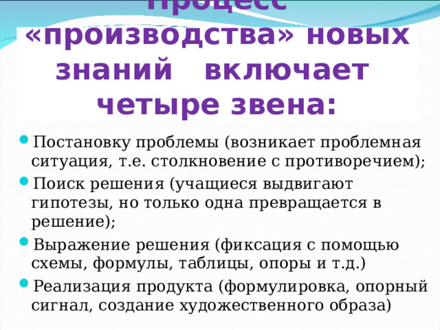 Процесс «производства» новых знаний включает четыре звена:       Постановку проблемы (возникает проблемная ситуация, т.е. столкновение с противоречием); Поиск решения (учащиеся выдвигают гипотезы, но только одна превращается в решение); Выражение решения (фиксация с помощью схемы, формулы, таблицы, опоры и т.д.) Реализация продукта (формулировка, опорный сигнал, создание художественного образа)  
