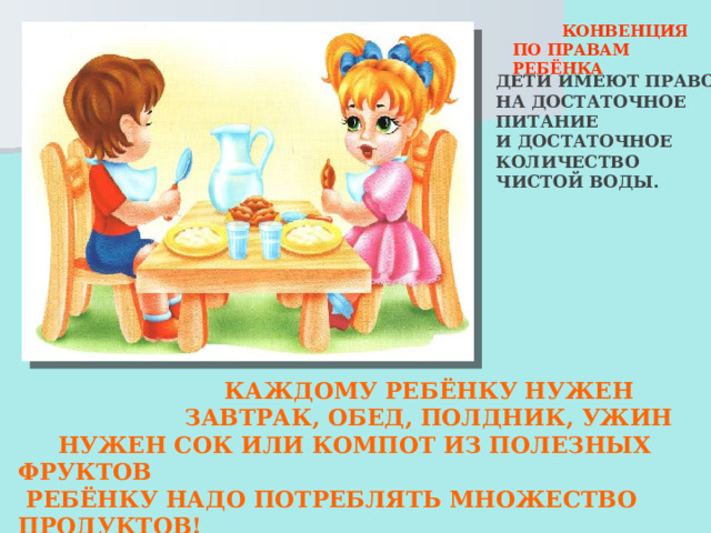  КОНВЕНЦИЯ ПО ПРАВАМ РЕБЁНКА ДЕТИ ИМЕЮТ ПРАВО НА ДОСТАТОЧНОЕ ПИТАНИЕ И ДОСТАТОЧНОЕ КОЛИЧЕСТВО ЧИСТОЙ ВОДЫ.  КАЖДОМУ РЕБЁНКУ НУЖЕН  ЗАВТРАК, ОБЕД, ПОЛДНИК, УЖИН  НУЖЕН СОК ИЛИ КОМПОТ ИЗ ПОЛЕЗНЫХ ФРУКТОВ  РЕБЁНКУ НАДО ПОТРЕБЛЯТЬ МНОЖЕСТВО ПРОДУКТОВ!  ПОТОМУ И БЫТЬ ДОЛЖНА НА СТОЛЕ ВСЕГДА ЕДА! 