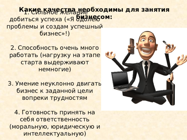 Какие качества необходимы для занятия бизнесом:  1. Сильное желание добиться успеха («Я одолею проблемы и создам успешный бизнес»!) 2. Способность очень много работать (нагрузку на этапе старта выдерживают немногие) 3. Умение неуклонно двигать бизнес к заданной цели вопреки трудностям 4. Готовность принять на себя ответственность (моральную, юридическую и интеллектуальную) Какие качества необходимы для занятия бизнесом: 1. Сильное желание добиться успеха («Я одолею проблемы и создам успешный бизнес»!). 2. Способность очень много работать (нагрузку на этапе стартапа выдерживают немногие). 3. Умение неуклонно двигать бизнес к заданной цели вопреки трудностям. 4. Готовность принять на себя ответственность (моральную, юридическую и интеллектуальную).  