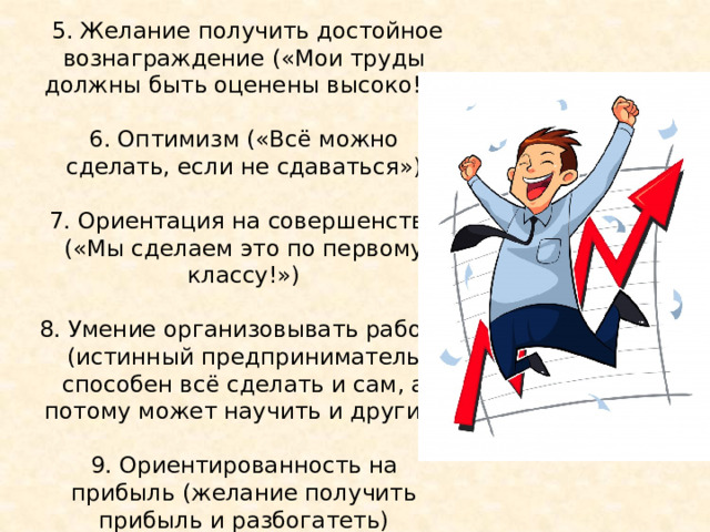 5. Желание получить достойное вознаграждение («Мои труды должны быть оценены высоко!») 6. Оптимизм («Всё можно сделать, если не сдаваться») 7. Ориентация на совершенство («Мы сделаем это по первому классу!») 8. Умение организовывать работу (истинный предприниматель способен всё сделать и сам, а потому может научить и других) 9. Ориентированность на прибыль (желание получить прибыль и разбогатеть) 5. Желание получить достойное вознаграждение («Мои труды должны быть оценены высоко!»). 6. Оптимизм («Всё можно сделать, если не сдаваться»). 7. Ориентация на совершенство («Мы сделаем это по первому классу!»). 8. Умение организовывать работу (истинный предприниматель способен всё сделать и сам, а потому может научить и других). 9. Ориентированность на прибыль (желание получить прибыль и разбогатеть).  