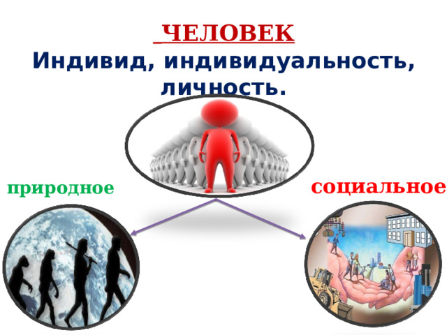  ЧЕЛОВЕК  Индивид, индивидуальность, личность.  социальное социальное природное 