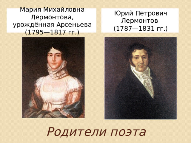 Мария Михайловна Лермонтова, урождённая Арсеньева (1795—1817 гг.) Юрий Петрович Лермонтов (1787—1831 гг.) Родители поэта 