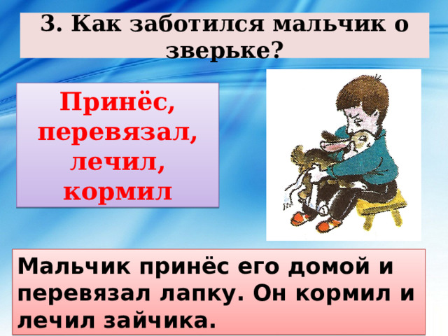 3. Как заботился мальчик о зверьке? Принёс, перевязал, лечил, кормил Мальчик принёс его домой и перевязал лапку. Он кормил и лечил зайчика. 