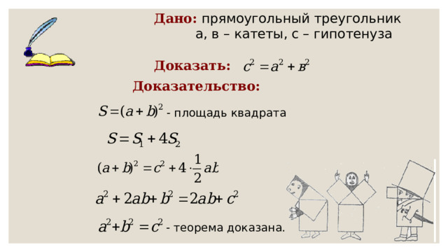 Дано: прямоугольный треугольник  а, в – катеты, с – гипотенуза Доказать: Доказательство: - площадь квадрата  - теорема доказана. 