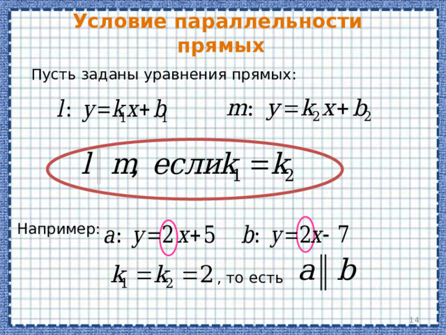 Условие параллельности  прямых Пусть заданы уравнения прямых : Например: , то есть  