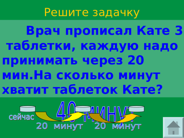Решите задачку  Врач прописал Кате 3 таблетки, каждую надо принимать через 20 мин.На сколько минут хватит таблеток Кате? 