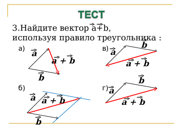 3.Найдите вектор a+b , используя правило треугольника : b а)      в)  б)      г)  a a a + b a + b b b a a a + b a + b b 