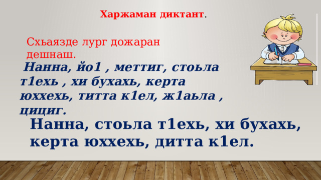 Харжаман  диктант . Схьаязде лург дожаран дешнаш.  Нанна, йо1 , меттиг, стоьла т1ехь , хи бухахь, керта юххехь, титта к1ел, ж1аьла , цициг. Нанна, стоьла т1ехь, хи бухахь, керта юххехь, дитта к1ел. 