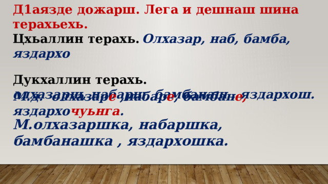 Д1аязде дожарш. Лега и дешнаш шина терахьехь. Цхьаллин терахь.  Олхазар, наб, бамба, яздархо Дукхаллин терахь. олхазарш, набарш, бамбанаш , яздархош. М.д. олхазар е ,набар е , бамбан е, яздархо чуьнга . М.олхазаршка, набаршка, бамбанашка , яздархошка. 