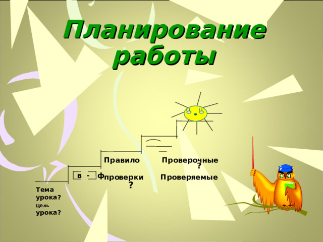 Планирование работы     Правило Проверочные проверки  Проверяемые ?   в - ф   ? Тема урока?  Цель  урока?      