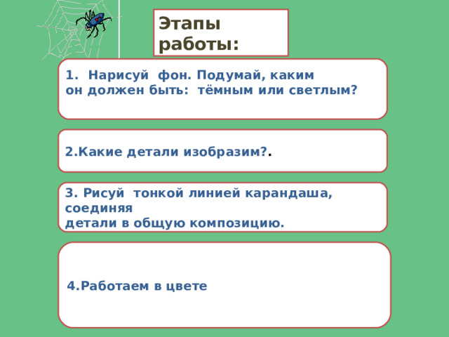 Этапы работы: Нарисуй фон. Подумай, каким он должен быть: тёмным или светлым?  2.Какие детали изобразим? . 3. Рисуй тонкой линией карандаша, соединяя детали в общую композицию. 4.Работаем в цвете 