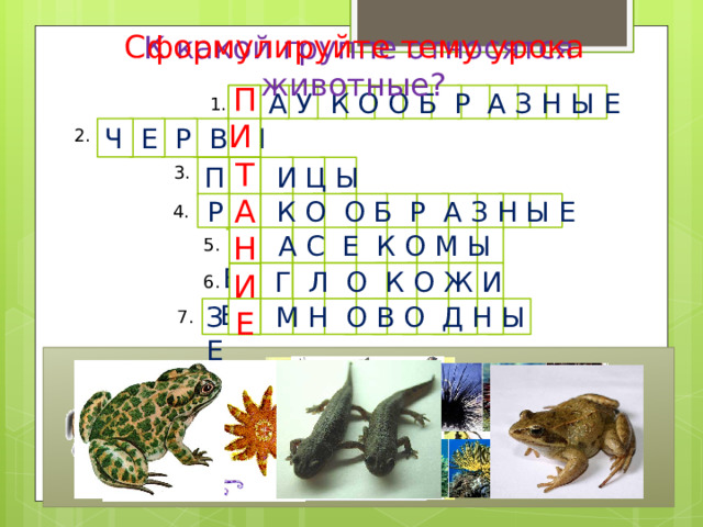 Сформулируйте тему урока К какой группе относятся животные? П И Т А Н И Е П А У К О О Б Р А З Н Ы Е 1. Ч Е Р В И 2.  П Т И Ц Ы 3.  Р А К О О Б Р А З Н Ы Е 4.  Н А С Е К О М Ы Е 5.  И Г Л О К О Ж И Е 6. З Е М Н О В О Д Н Ы Е 7. 