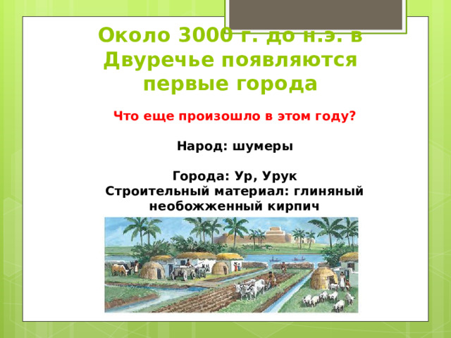 Около 3000 г. до н.э. в Двуречье появляются первые города Что еще произошло в этом году?  Народ: шумеры  Города: Ур, Урук Строительный материал: глиняный необожженный кирпич 