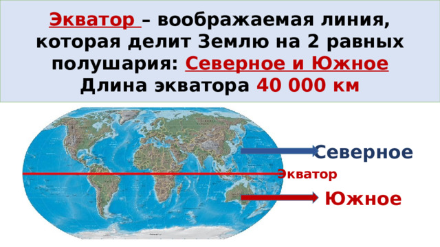 Экватор – воображаемая линия, которая делит Землю на 2 равных полушария: Северное и Южное Длина экватора 40 000 км Северное Экватор Южное 