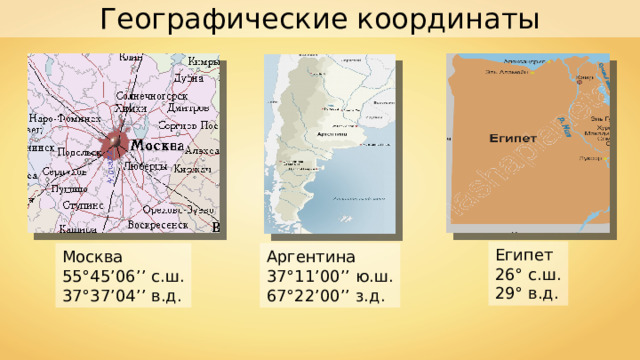 Географические координаты Египет 26°  с.ш. 29° в.д. Москва 55°45 ’06’’ с.ш. 37°37 ’04’’ в.д. Аргентина 37°11 ’0 0 ’’ ю.ш. 67°22 ’0 0 ’’ з.д. 