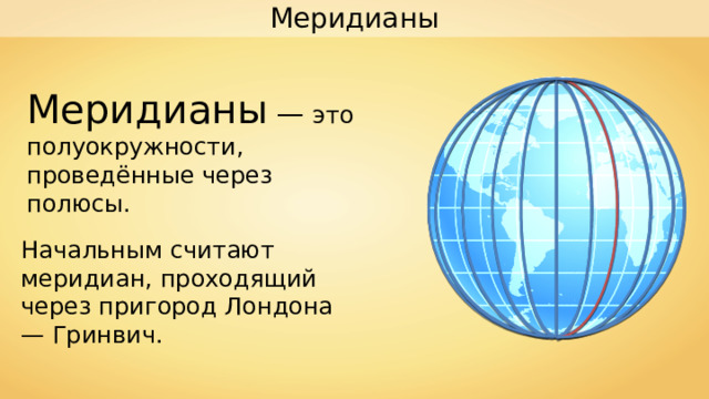Меридианы Меридианы  — это полуокружности, проведённые через полюсы. Начальным считают меридиан, проходящий через пригород Лондона — Гринвич. 