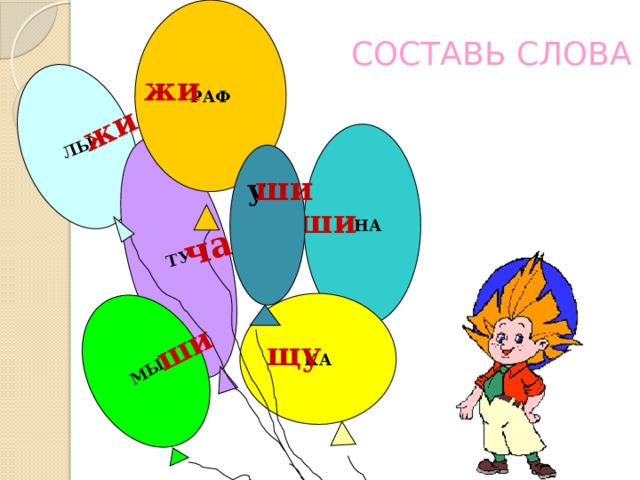 РАФ ЛЫ ТУ МЫ жи жи ши ча СОСТАВЬ СЛОВА  НА у  ши ши КА щу 