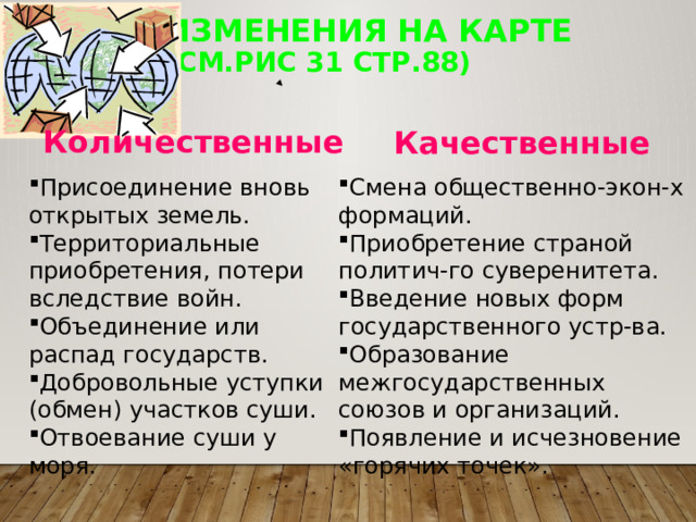 Изменения на карте  (см.рис 31 стр.88) Качественные Количественные Присоединение вновь открытых земель. Территориальные Смена общественно-экон-х формаций. Приобретение страной политич-го суверенитета. Введение новых форм государственного устр-ва. Образование межгосударственных союзов и организаций. Появление и исчезновение «горячих точек». приобретения, потери вследствие войн. Объединение или распад государств. Добровольные уступки (обмен) участков суши. Отвоевание суши у моря. 