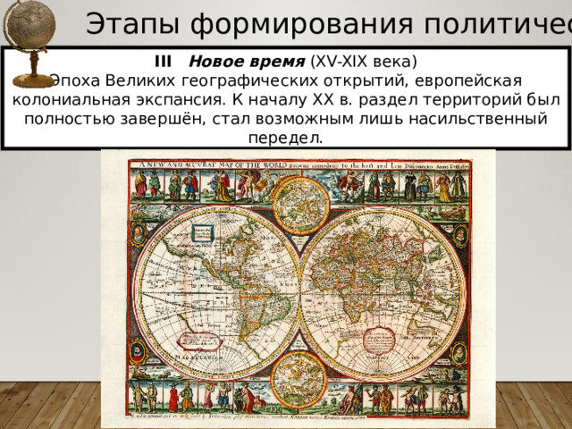 Этапы формирования политической карты III  Новое время (XV-XIX века) Эпоха Великих географических открытий, европейская колониальная экспансия. К началу XX в. раздел территорий был полностью завершён, стал возможным лишь насильственный передел. 
