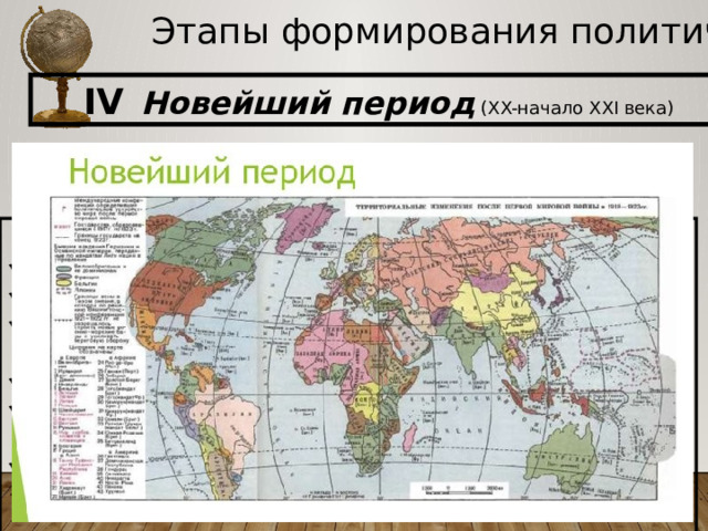 Этапы формирования политической карты IV  Новейший период (XX-начало XXI века)  1)  1900 – 1938 годы: 1918 г. – окончание Первой мировой войны  1922 г. – образование СССР распад Австро-Венгрии и Османской империи, образование Польши, Финляндии, появление Королевства сербов, хорватов и словенцев, расширение колониальных владений  Великобритании, Франции, Бельгии, Японии  