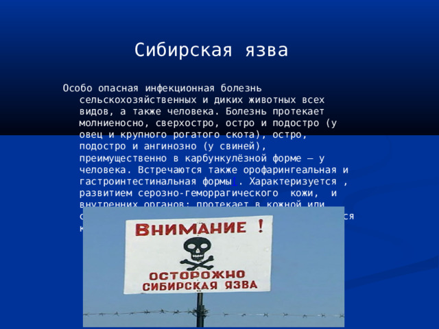 Сибирская язва Особо опасная инфекционная болезнь сельскохозяйственных и диких животных всех видов, а также человека. Болезнь протекает молниеносно, сверхостро, остро и подостро (у овец и крупного рогатого скота), остро, подостро и ангинозно (у свиней), преимущественно в карбункулёзной форме — у человека. Встречаются также орофарингеальная и гастроинтестинальная формы [ . Характеризуется , развитием серозно-геморрагического кожи, и внутренних органов; протекает в кожной или септической форме (также у животных встречаются кишечная и лёгочная формы). 