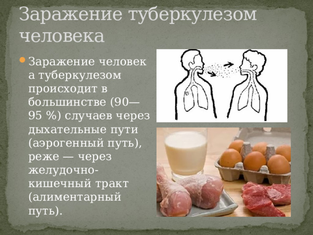 Заражение туберкулезом человека Заражение человека туберкулезом происходит в большинстве (90—95 %) случаев через дыхательные пути (аэрогенный путь), реже — через желудочно-кишечный тракт (алиментарный путь). 