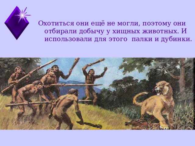 Охотиться они ещё не могли, поэтому они отбирали добычу у хищных животных. И использовали для этого палки и дубинки. Медина Мекка 