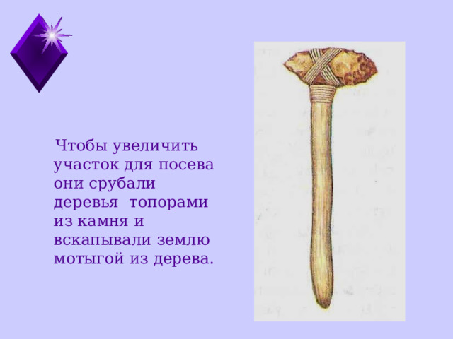  Чтобы увеличить участок для посева они срубали деревья топорами из камня и вскапывали землю мотыгой из дерева. 