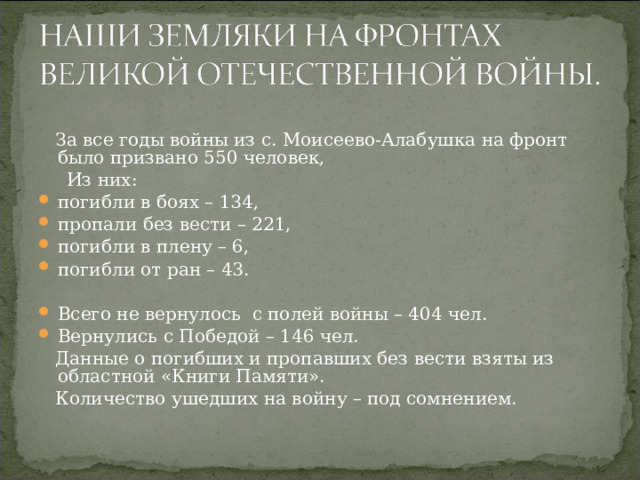    За все годы войны из с. Моисеево-Алабушка на фронт было призвано 550 человек,  Из них: погибли в боях – 134, пропали без вести – 221, погибли в плену – 6, погибли от ран – 43. Всего не вернулось с полей войны – 404 чел. Вернулись с Победой – 146 чел.  Данные о погибших и пропавших без вести взяты из областной «Книги Памяти».  Количество ушедших на войну – под сомнением. 