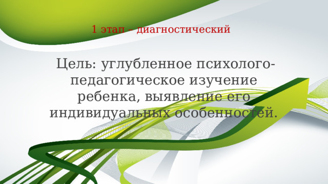  1 этап – диагностический    Цель: углубленное психолого-педагогическое изучение ребенка, выявление его индивидуальных особенностей. 