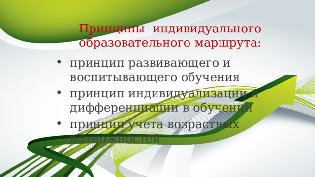 Принципы индивидуального образовательного маршрута: принцип развивающего и воспитывающего обучения принцип индивидуализации и дифференциации в обучении принцип учета возрастных возможностей 