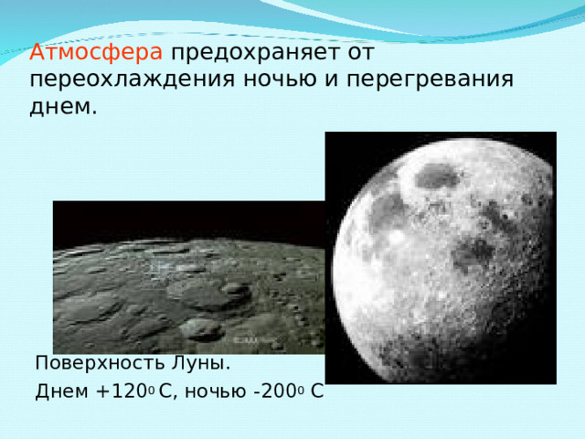 Атмосфера  предохраняет от переохлаждения ночью и перегревания днем. Поверхность Луны. Днем + 120 0  С , ночью - 20 0 0 С 
