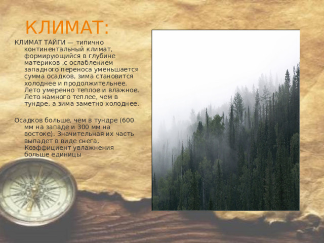 КЛИМАТ: КЛИМАТ ТАЙГИ — типично континентальный климат, формирующийся в глубине материков ,с ослаблением западного переноса уменьшается сумма осадков, зима становится холоднее и продолжительнее. Лето умеренно теплое и влажное. Лето намного теплее, чем в тундре, а зима заметно холоднее. Осадков больше, чем в тундре (600 мм на западе и 300 мм на востоке). Значительная их часть выпадет в виде снега, Коэффициент увлажнения больше единицы 
