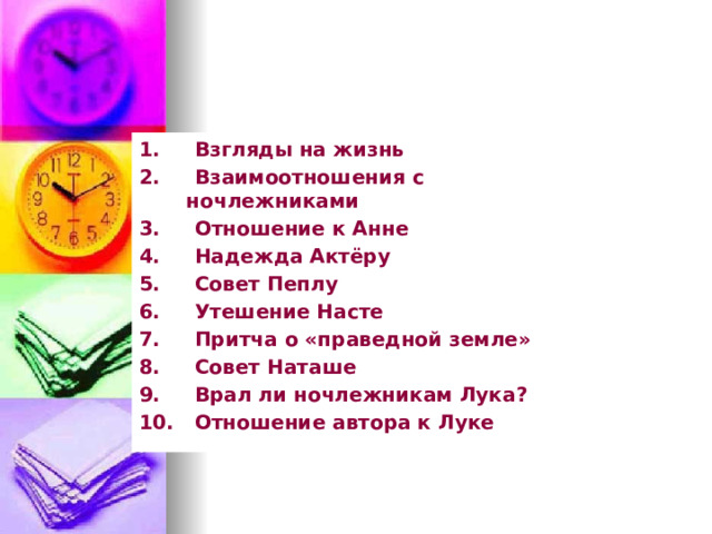 1. Взгляды на жизнь 2. Взаимоотношения с ночлежниками 3. Отношение к Анне 4. Надежда Актёру 5. Совет Пеплу 6. Утешение Насте 7. Притча о «праведной земле» 8. Совет Наташе 9. Врал ли ночлежникам Лука? 10. Отношение автора к Луке  