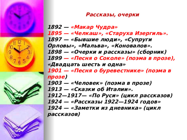 Рассказы, очерки  1892 — «Макар Чудра» 1895 — «Челкаш», «Старуха Изергиль». 1897 — «Бывшие люди», «Супруги Орловы», «Мальва», «Коновалов». 1898 — «Очерки и рассказы» (сборник) 1899 — «Песня о Соколе» (поэма в прозе), «Двадцать шесть и одна» 1901 — «Песня о буревестнике» (поэма в прозе ) 1903 — «Человек» (поэма в прозе) 1913 — «Сказки об Италии». 1912—1917— «По Руси» (цикл рассказов) 1924 — «Рассказы 1922—1924 годов» 1924 — «Заметки из дневника» (цикл рассказов)  