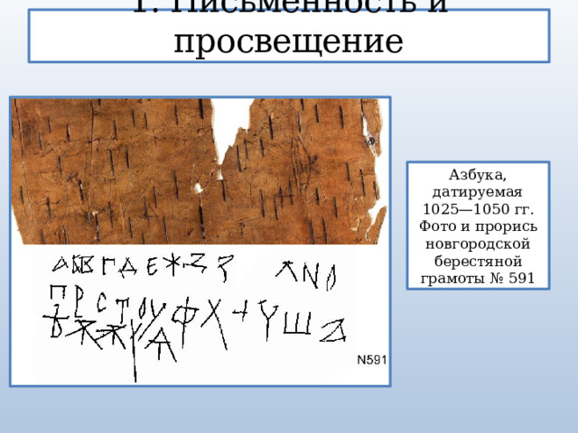 1. Письменность и просвещение Азбука, датируемая 1025—1050 гг. Фото и прорись новгородской берестяной грамоты № 591 